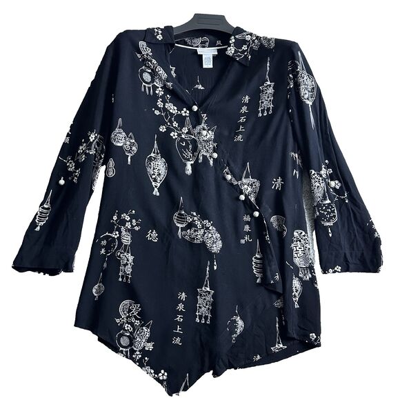 Soft Surroundings Womens Tunic Top M Asymmetrical Black Lantern Print Rayon Boho - Picture 3 of 15